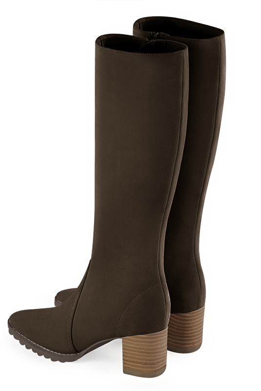 Chocolate brown women's riding knee-high boots. Round toe. Medium block heels. Made to measure. Rear view - Florence KOOIJMAN
